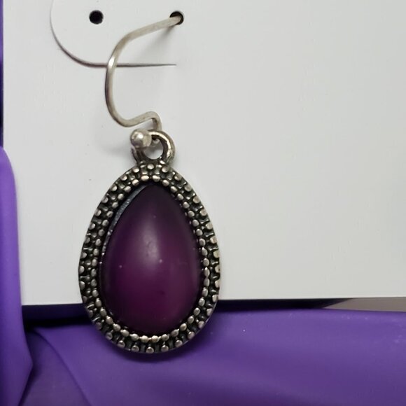Women's Silver tone Dainty Design Purple Stone Fishhook Teardrop Earrings - Picture 5 of 6
